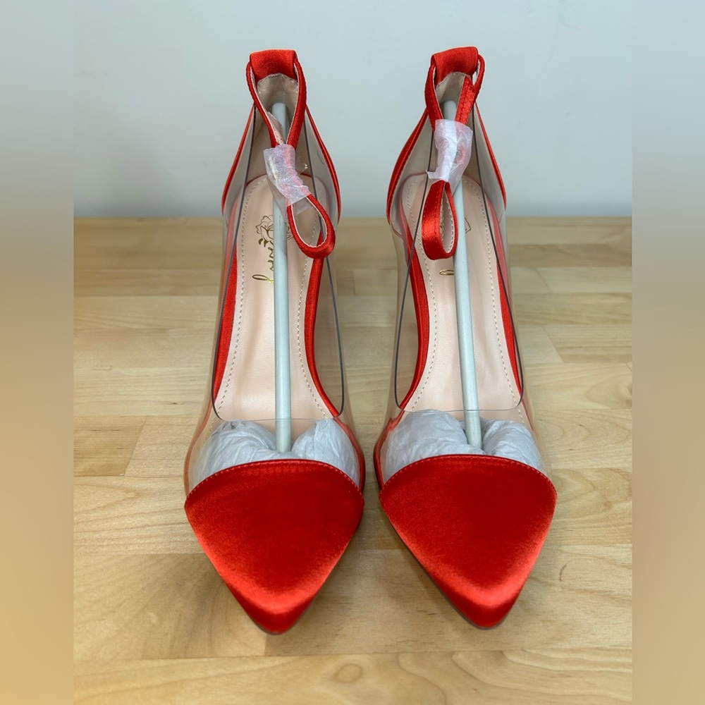 Red Satin Dress Heels Size 8 Clear Side Panel Pointed Toe Pumps